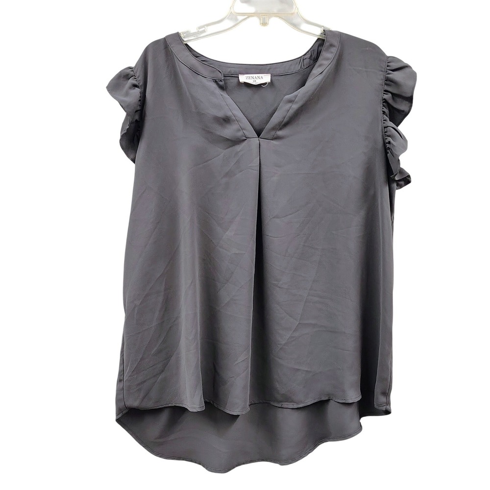 Zenana Women 2X Gray‎ Ruffle Cap Sleeve V-Neck Pleated Blouse Coquette Goth